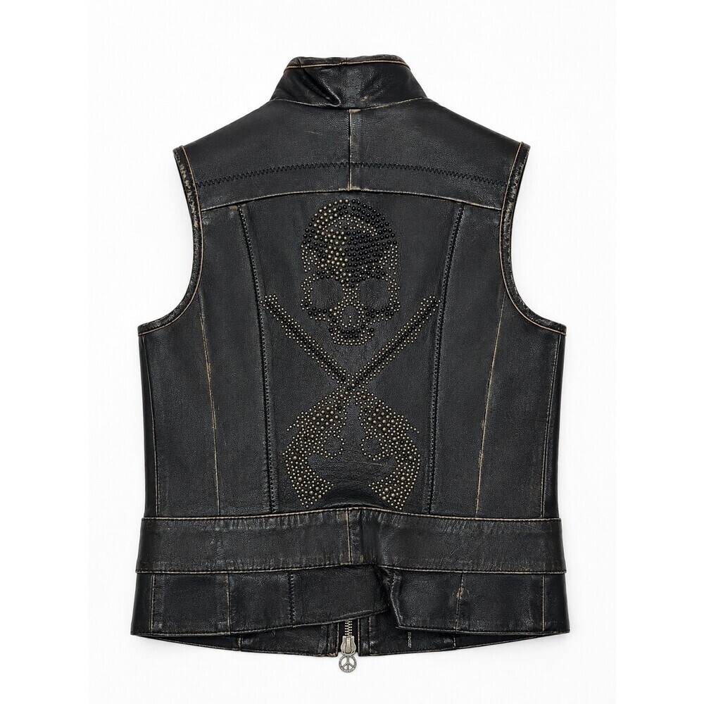 Donald J Pliner Women's XS Black Leather Studded Skull Moto Vest Made Italy - Picture 4 of 13